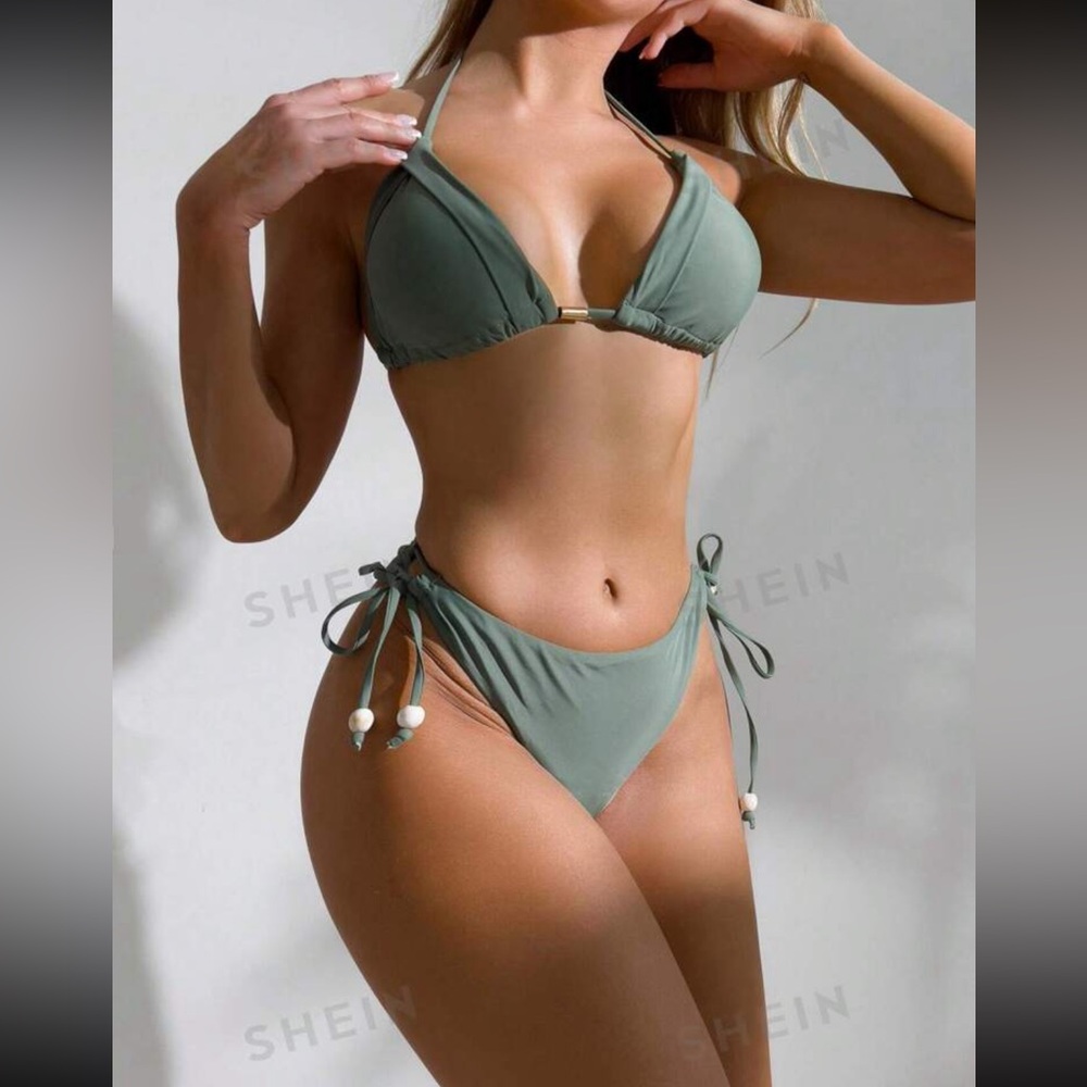 Army green triangle top, side tie knot bottoms bikini set